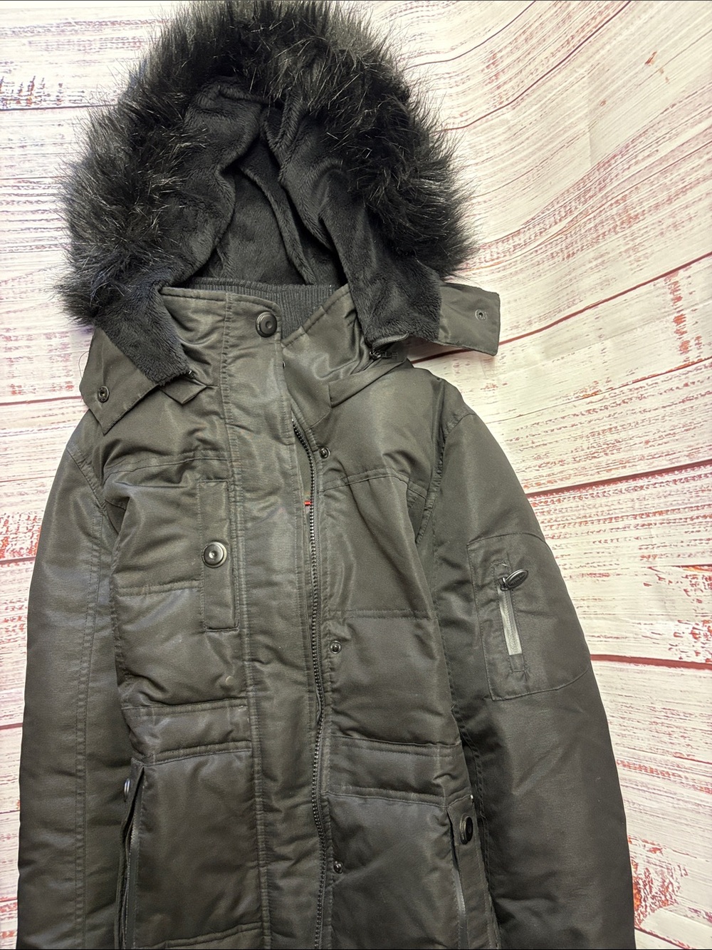 Womens Black Hooded Winter Coat with Faux Fur Trim